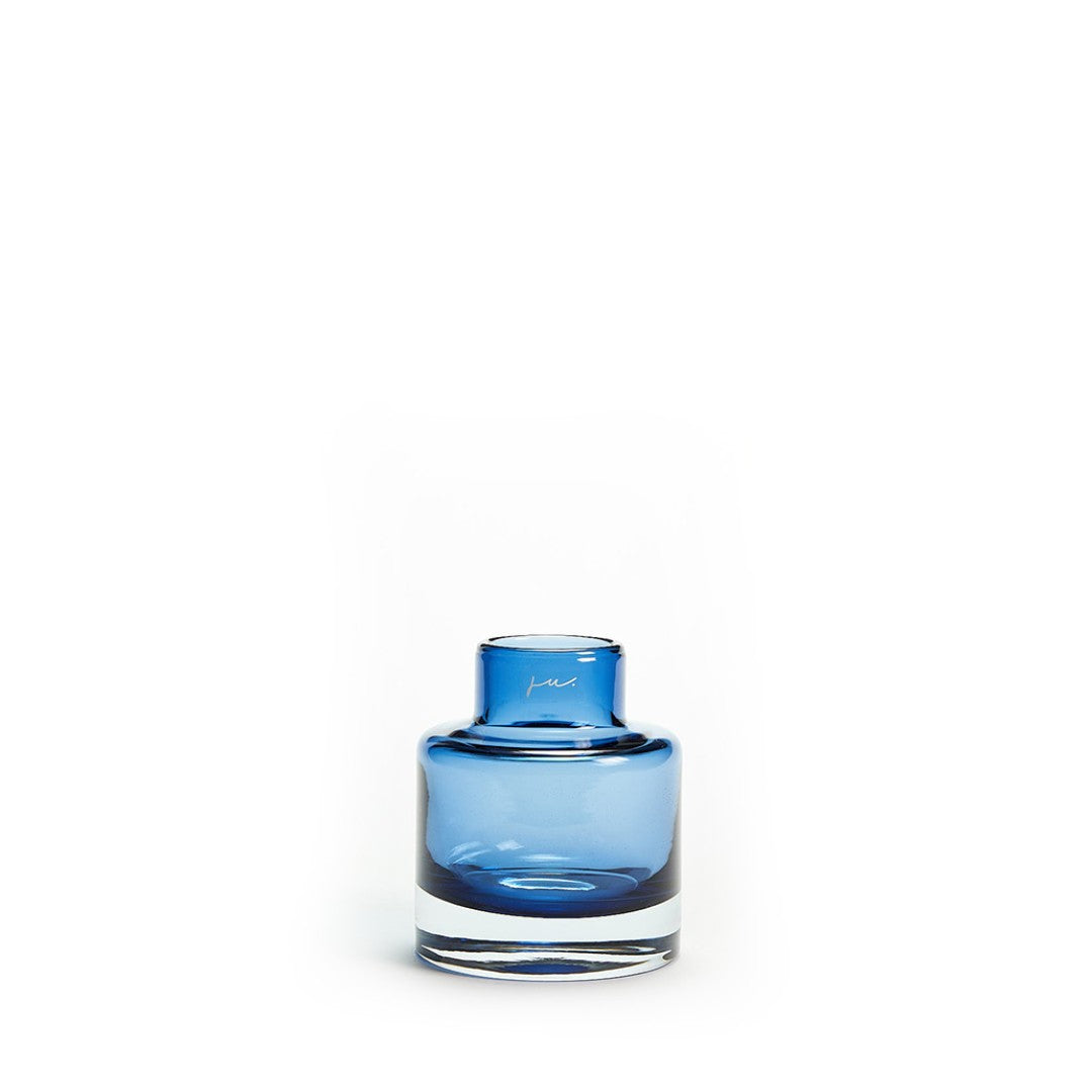 Glass Bottle Vase Low in Dark Blue