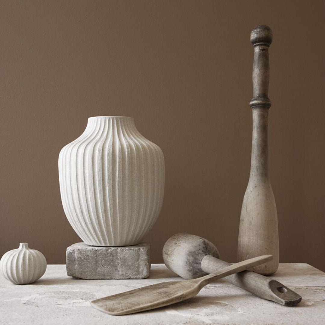 Large Ceramic Vase in Kyoto Sand White Deep Line