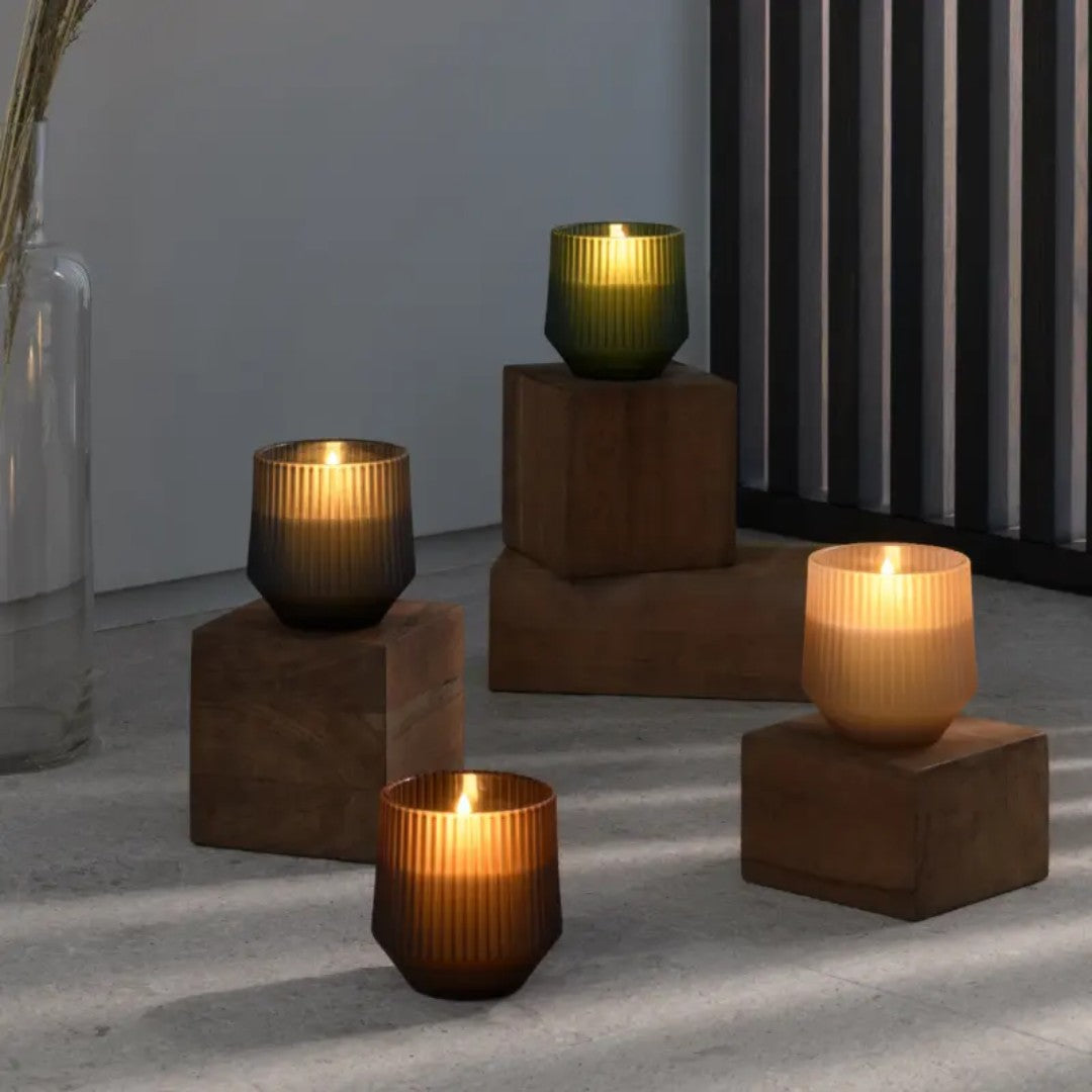 LED Wax Scented Glass Candle in Wood/Honey/Tonka Bean
