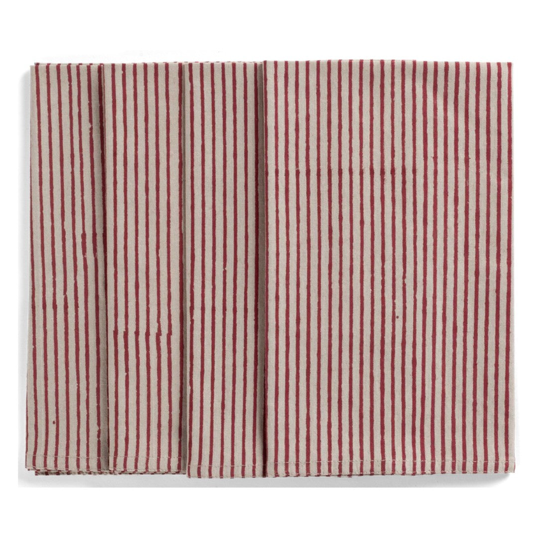 Set of 4 Napkins with Stripe Pattern in Red on Beige