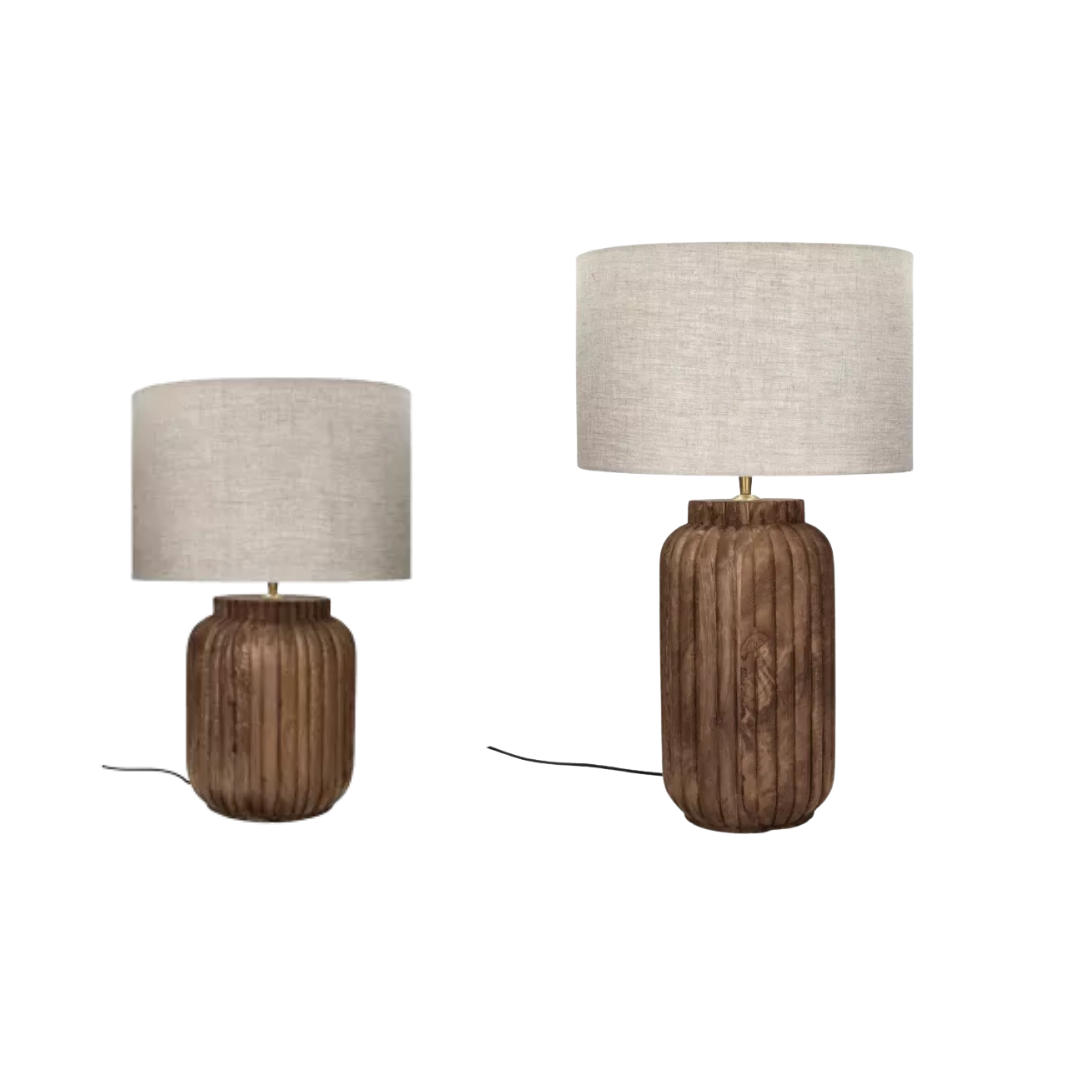 Mango Wood Table Lamp with Light Linen Shade in 2 Sizes