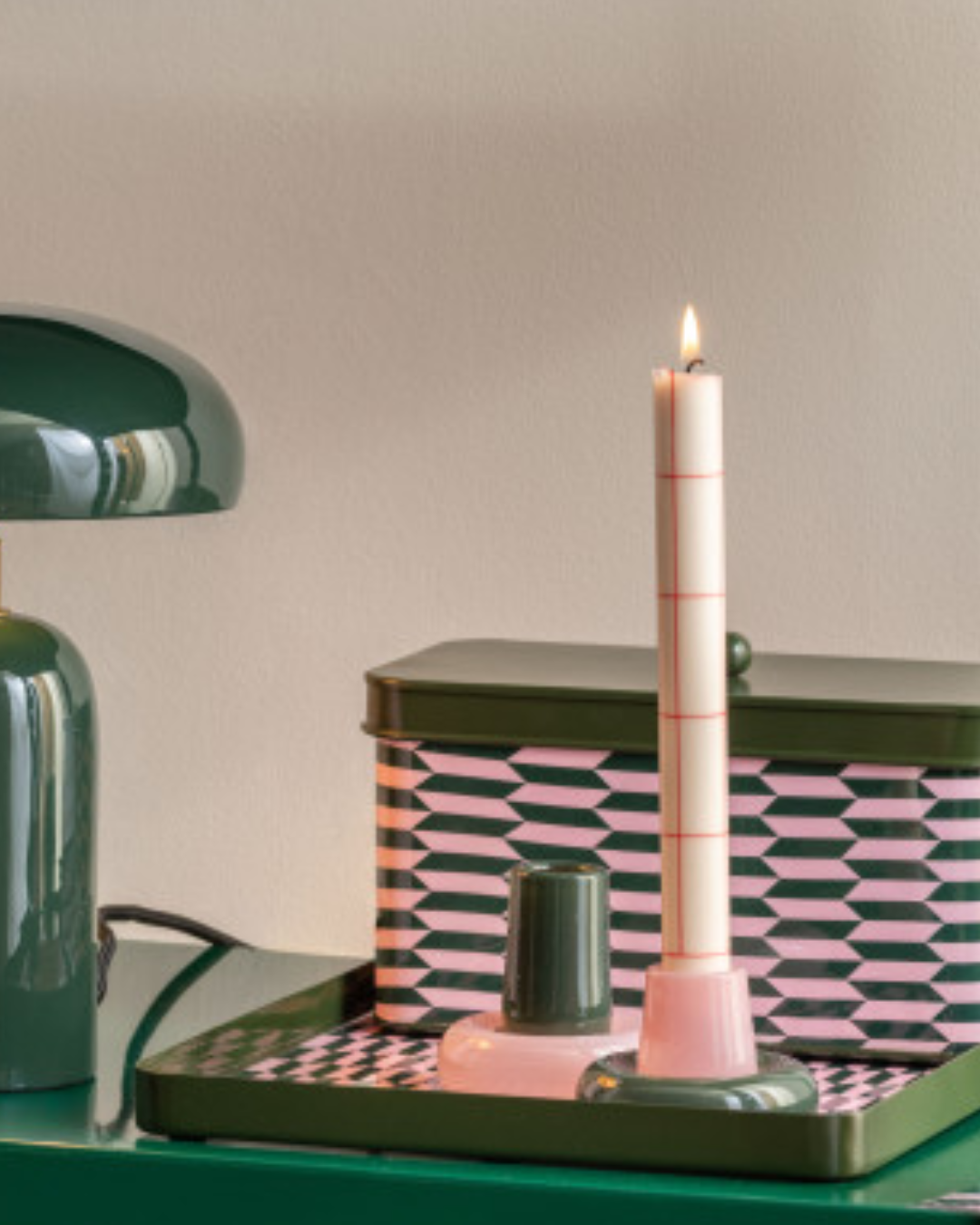 Alpine Green & Soft Pink Disc Glass Candle Holder Set of 2