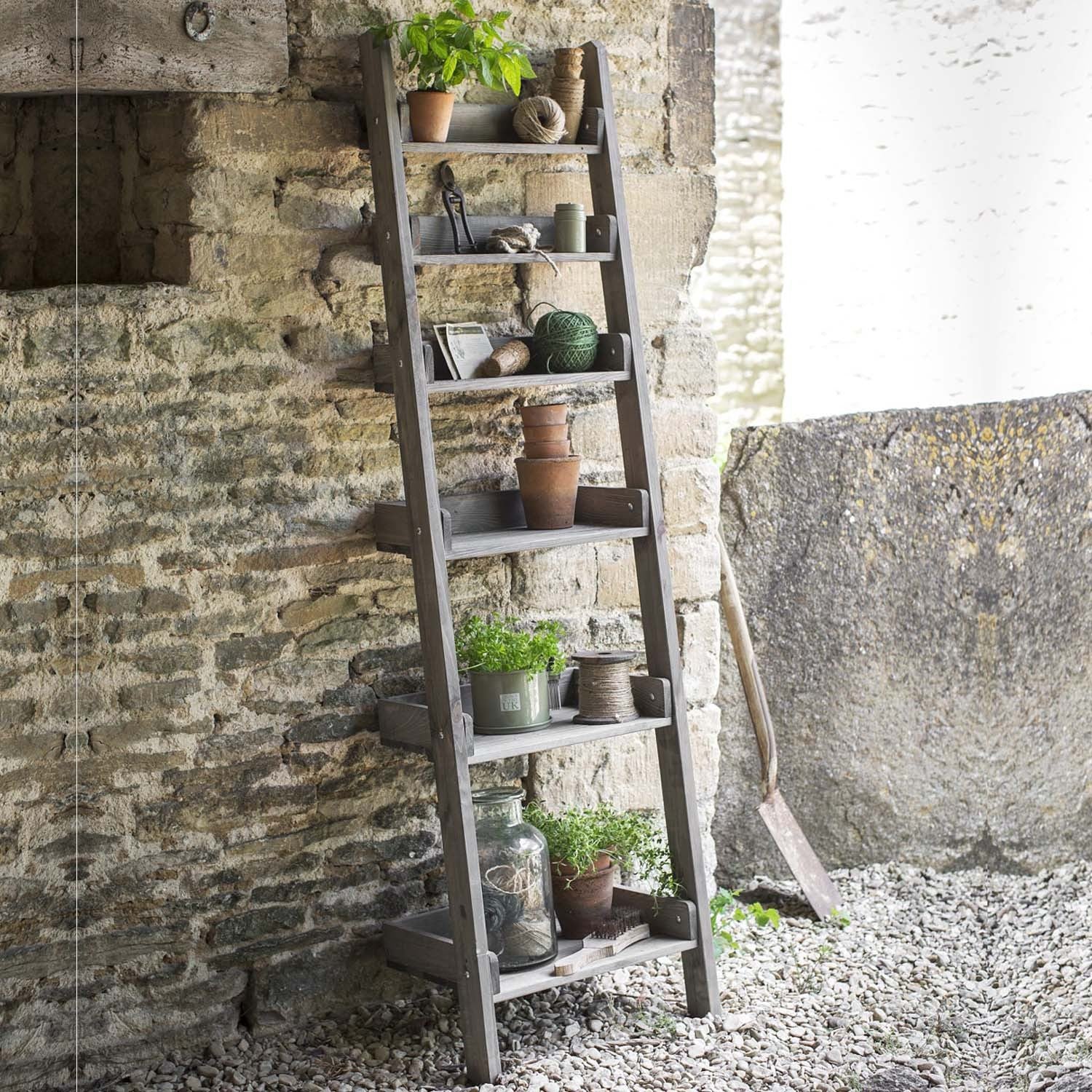 outdoor folding storage ladder shelf in rustic finish