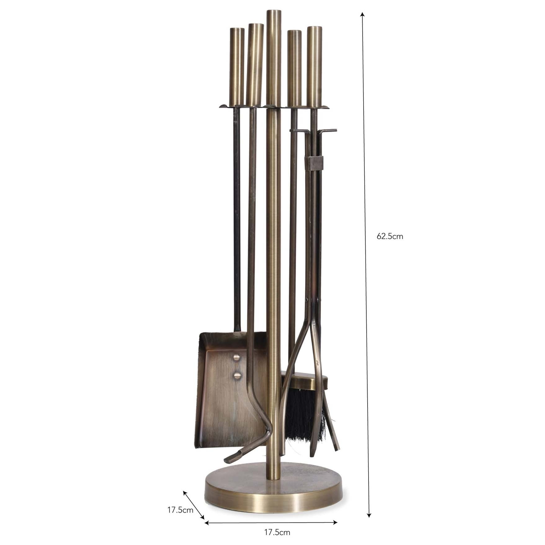 size of the antique brass finish fireside tool set