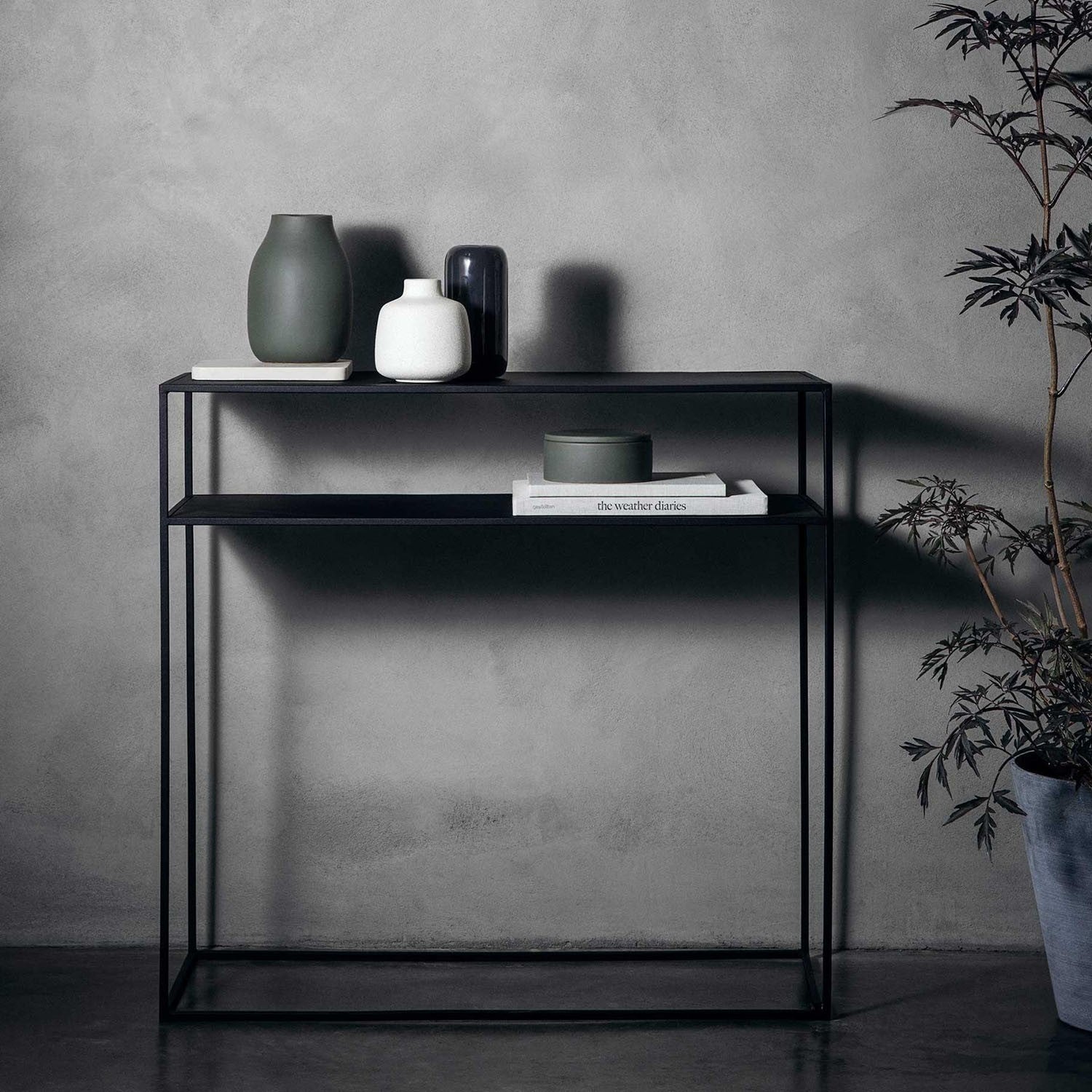 black powder coated steel console table for halls and living rooms