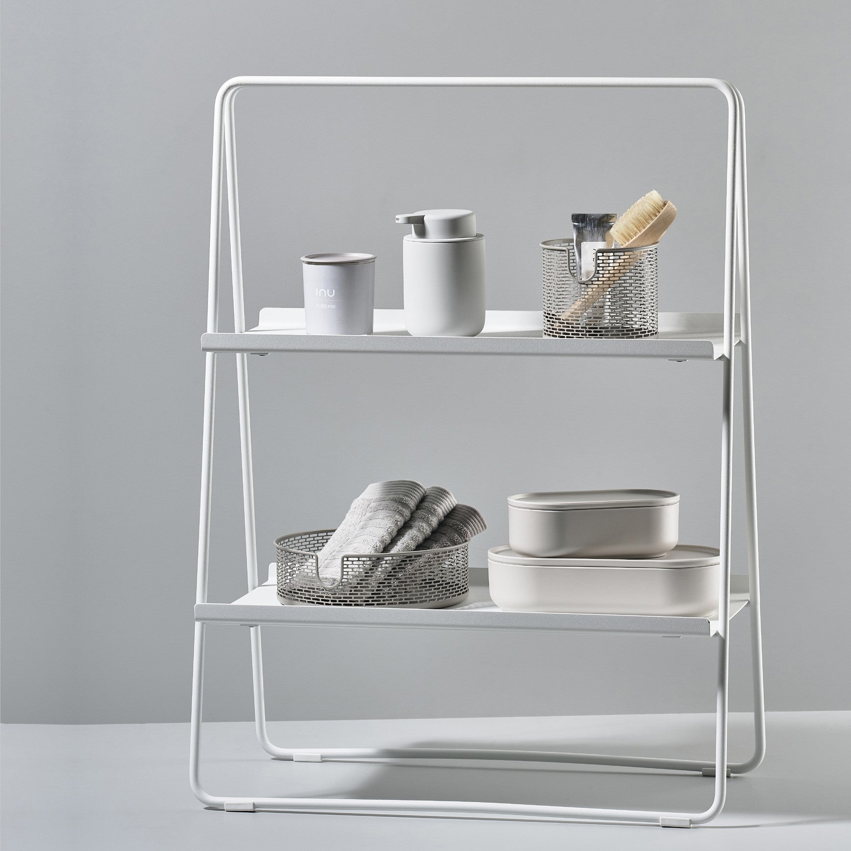 tall white shelf unit for countertop storage