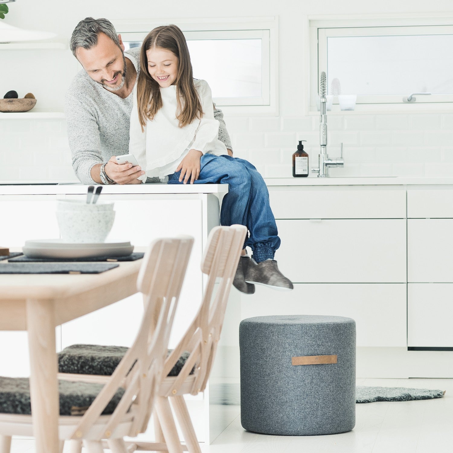Grey Round Wool Pouffe - small