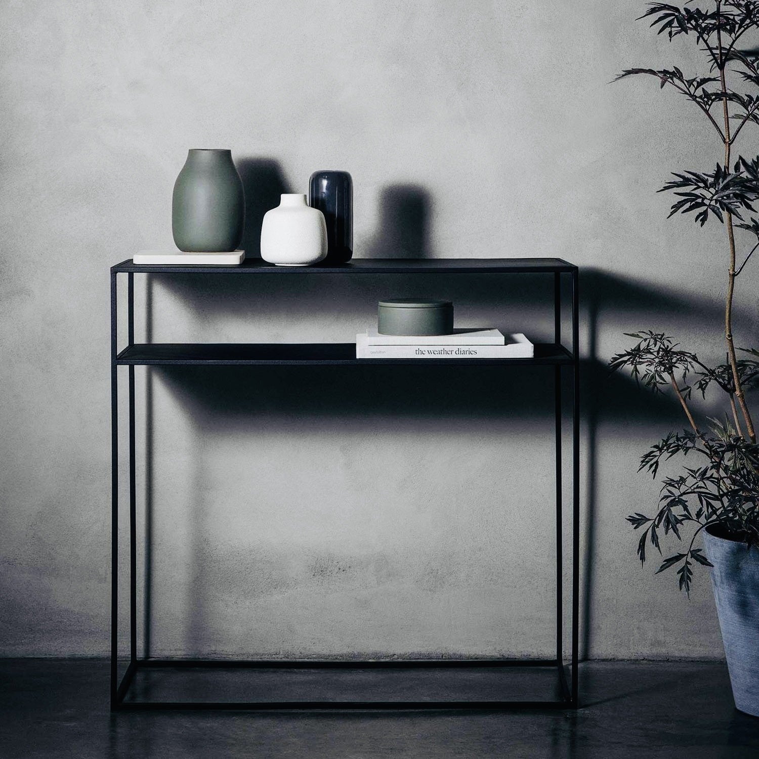 black powder coated steel console table for halls and living rooms