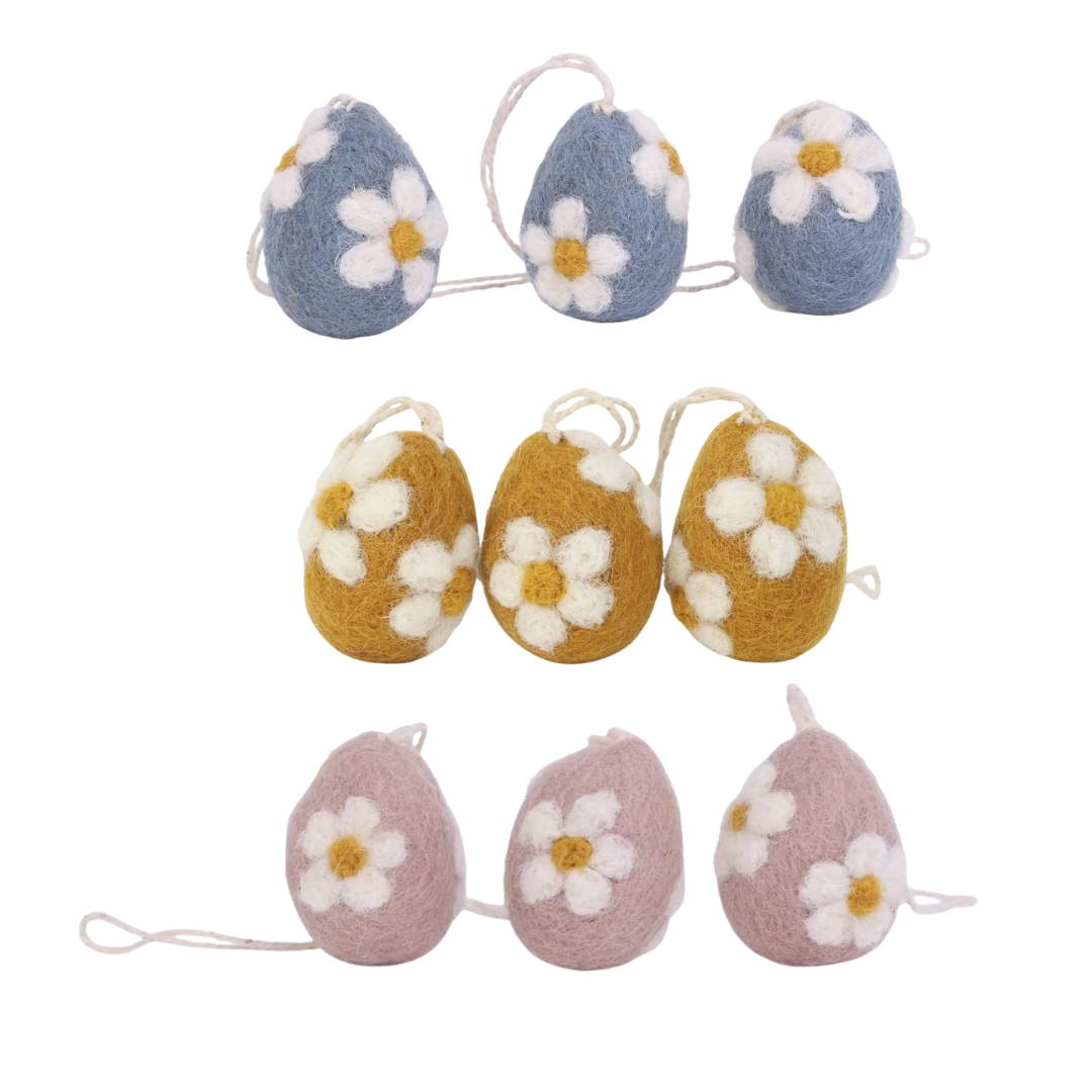 Hanging Felt Eggs with Flowers Set of 3 in 3 Colours