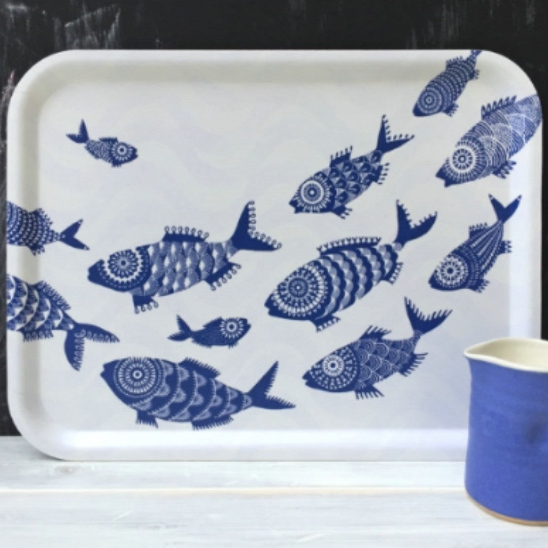 Rectangular Tray with Shoal of Fish on White - 2 Sizes
