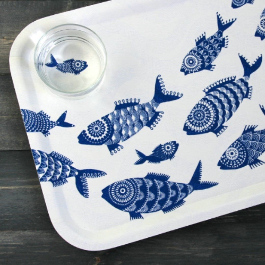 Rectangular Tray with Shoal of Fish on White - 2 Sizes