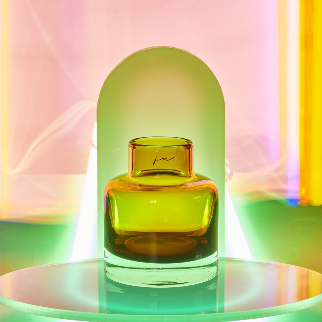 Glass Bottle vase Low in Amber