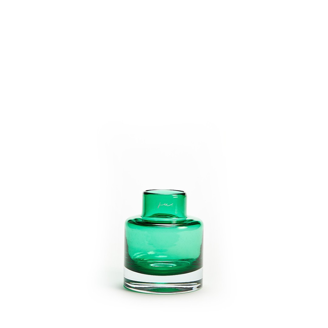 Glass Bottle Vase Low in Dark Green