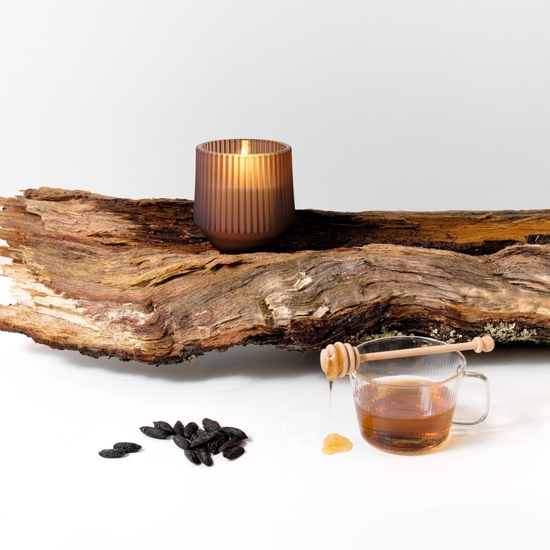 LED Wax Scented Glass Candle in Wood/Honey/Tonka Bean
