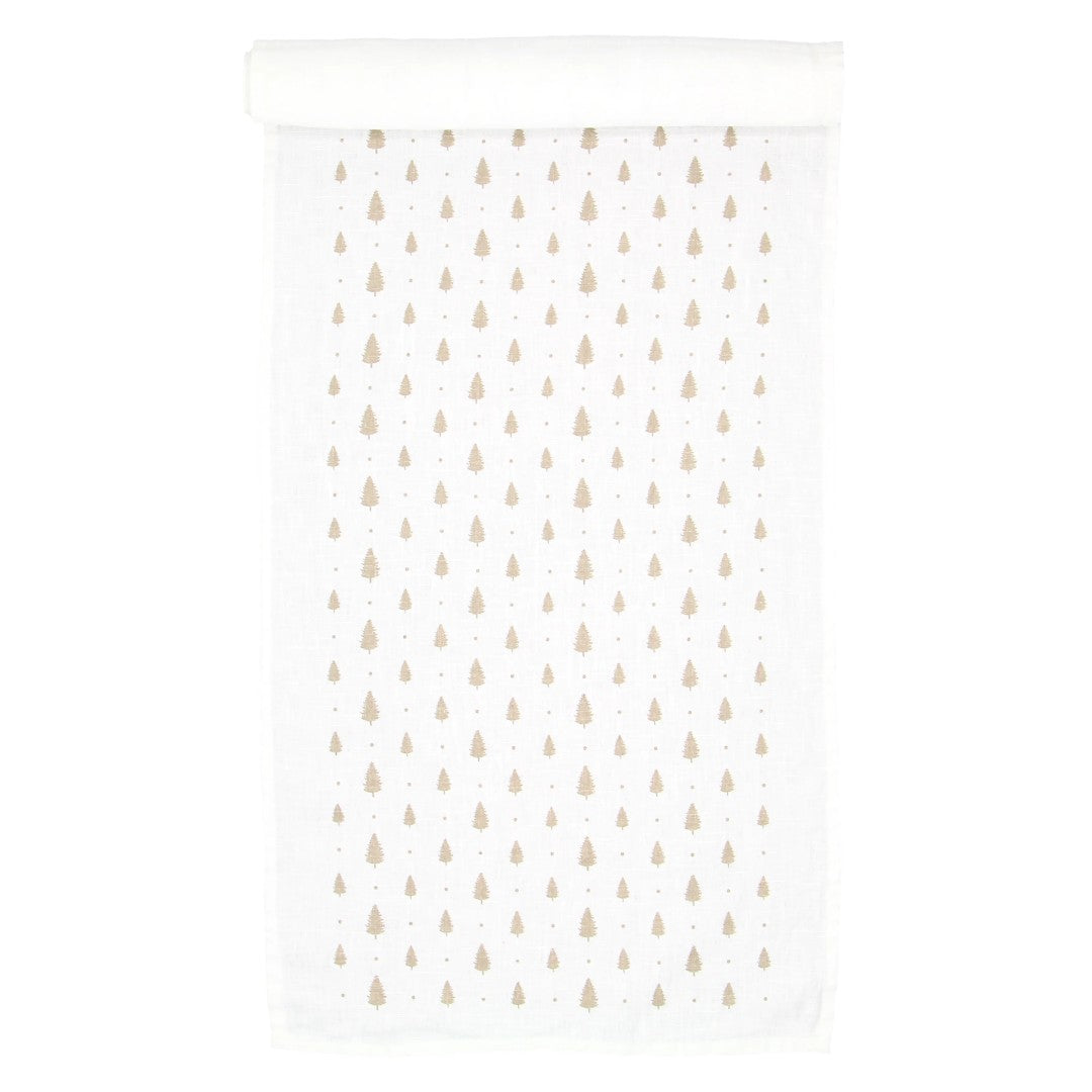 Linen Table Runner in White with Small Snow Trees