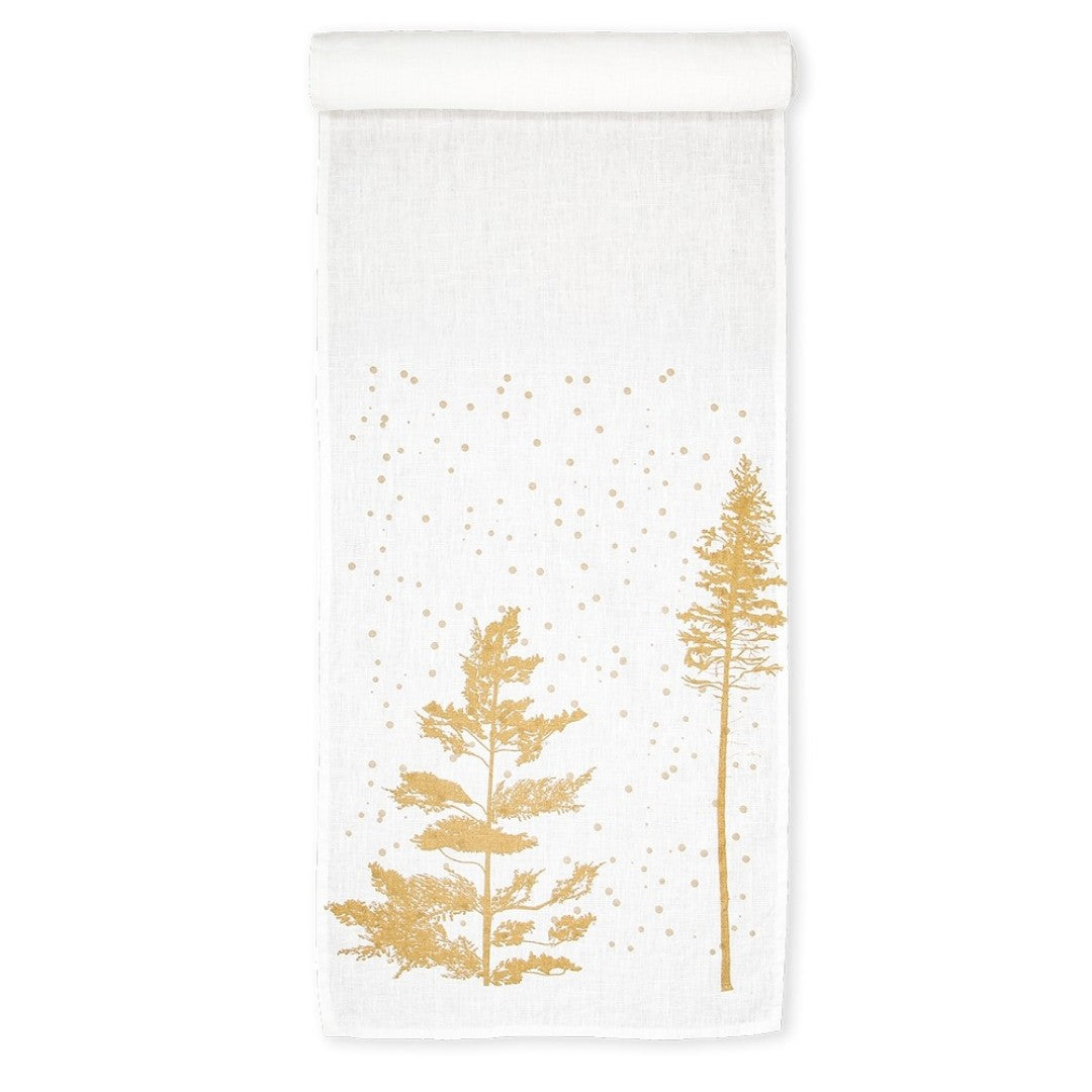 Linen Table Runner in White with Gold Snow Trees