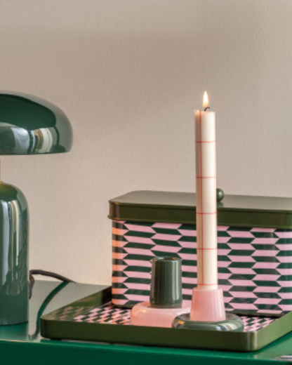 Alpine Green &amp; Soft Pink Disc Glass Candle Holder Set of 2