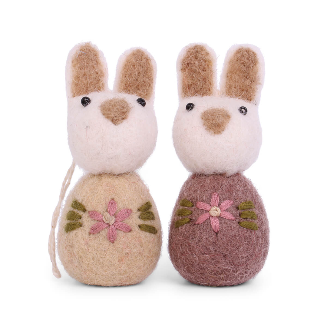 Hanging Felt White Bunny with Plum Flower Embroidery Set of 2