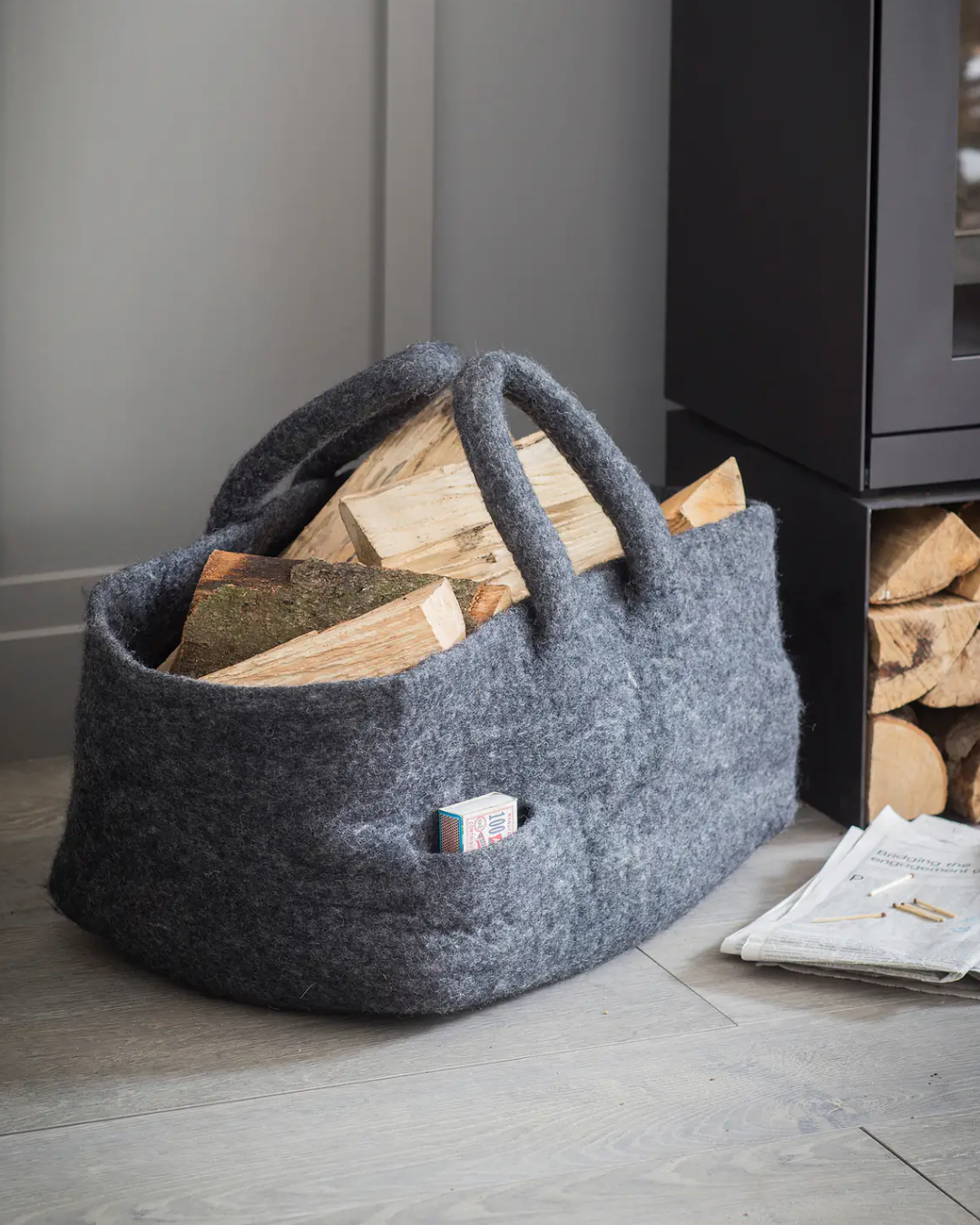 Grey Felt Log Basket with Matchbox Holder