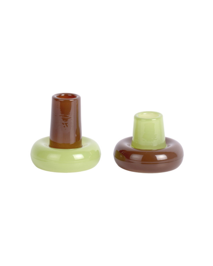Chocolate &amp; Soft Green Disc Glass Candle Holder Set of 2