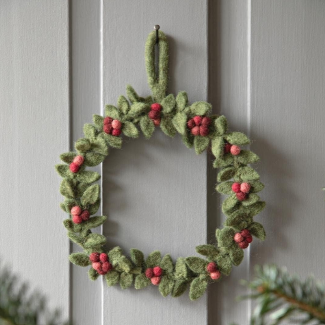 Felt Dark Green Wreath Red Berries in 2 Sizes