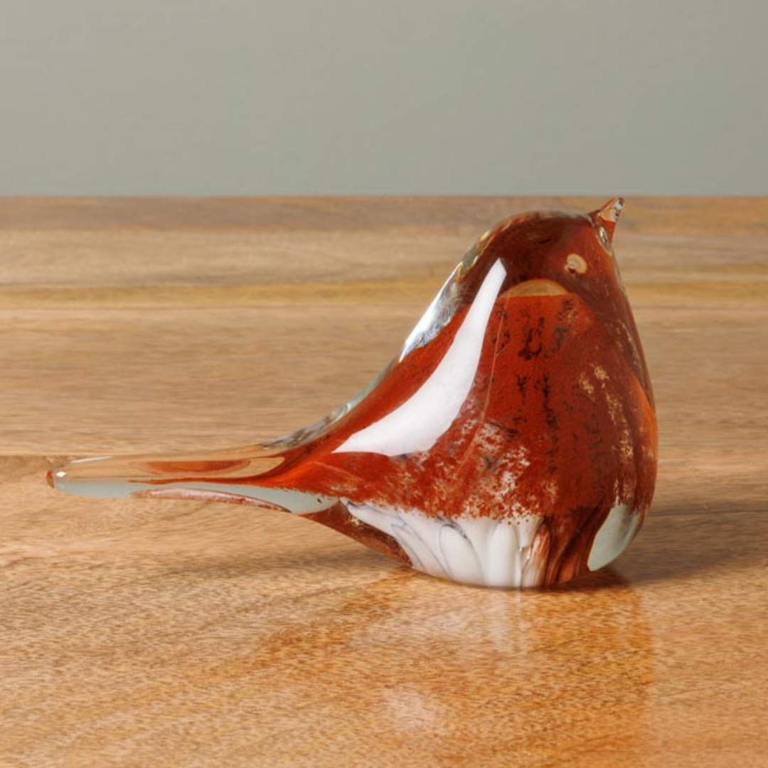 Burnt Amber &amp; White Glass Bird Paperweight