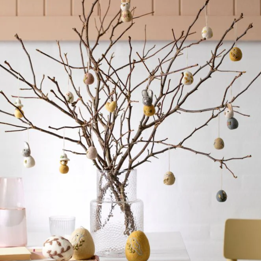 Hanging Felt Eggs with Flowers Set of 3 in 3 Colours