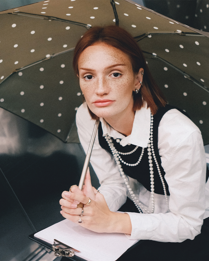 Khaki with Polka Dots Compact Umbrella