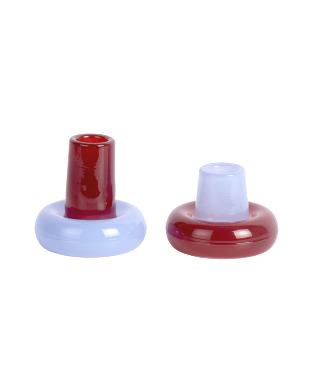 Burgundy Red &amp; Soft Blue Disc Glass Candle Holder Set of 2