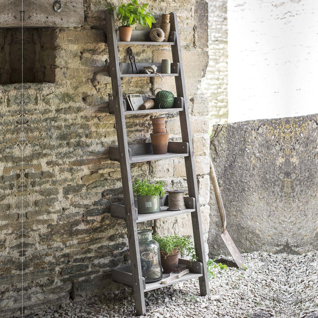 outdoor folding storage ladder shelf in rustic finish 