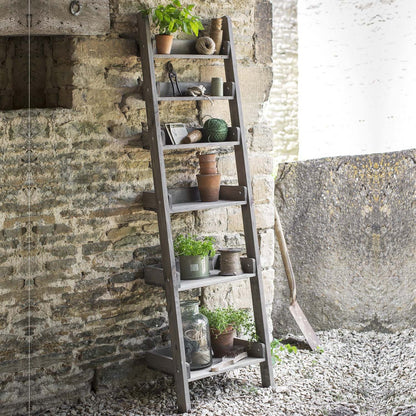 outdoor folding storage ladder shelf in rustic finish 