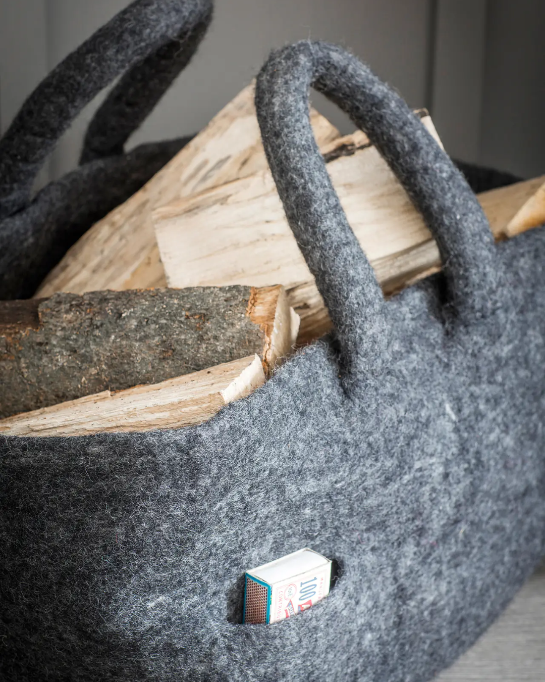 Grey Felt Log Basket with Matchbox Holder