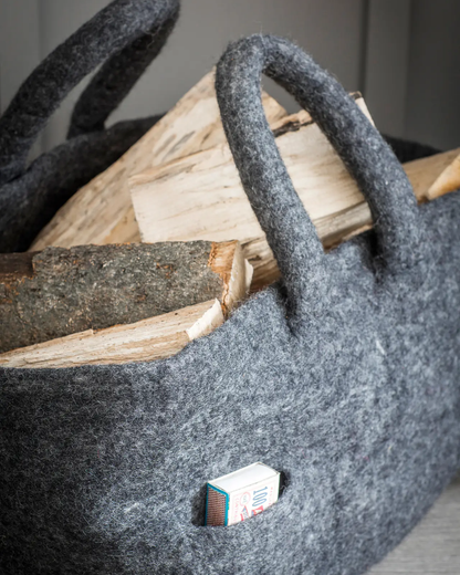Grey Felt Log Basket with Matchbox Holder