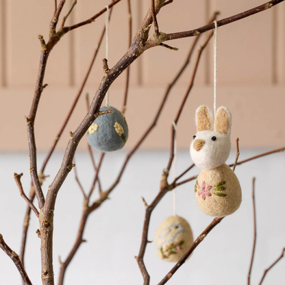 Hanging Felt White Bunny with Plum Flower Embroidery Set of 2