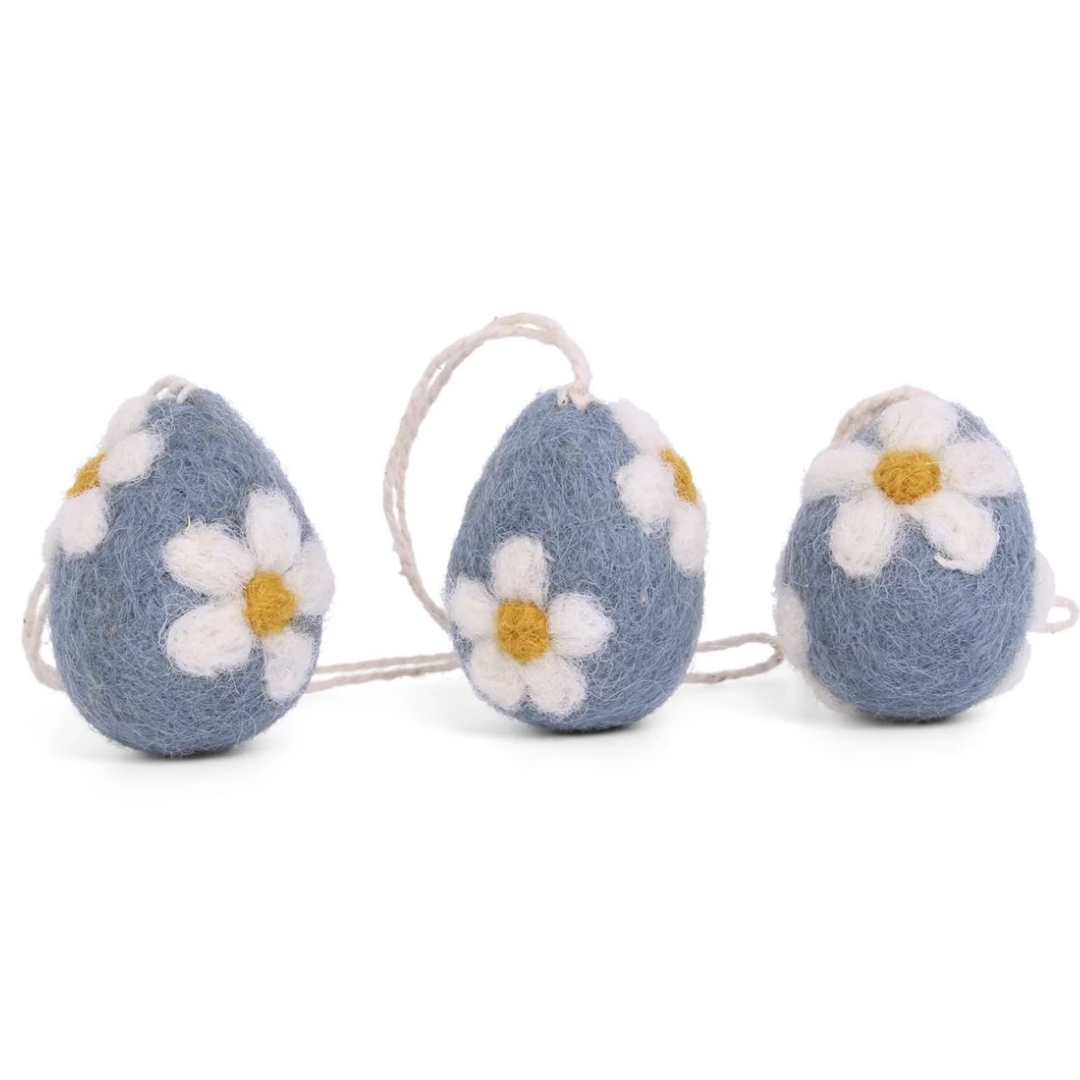 Hanging Felt Eggs with Flowers Set of 3 in 3 Colours
