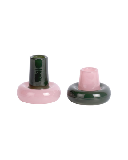 Alpine Green &amp; Soft Pink Disc Glass Candle Holder Set of 2