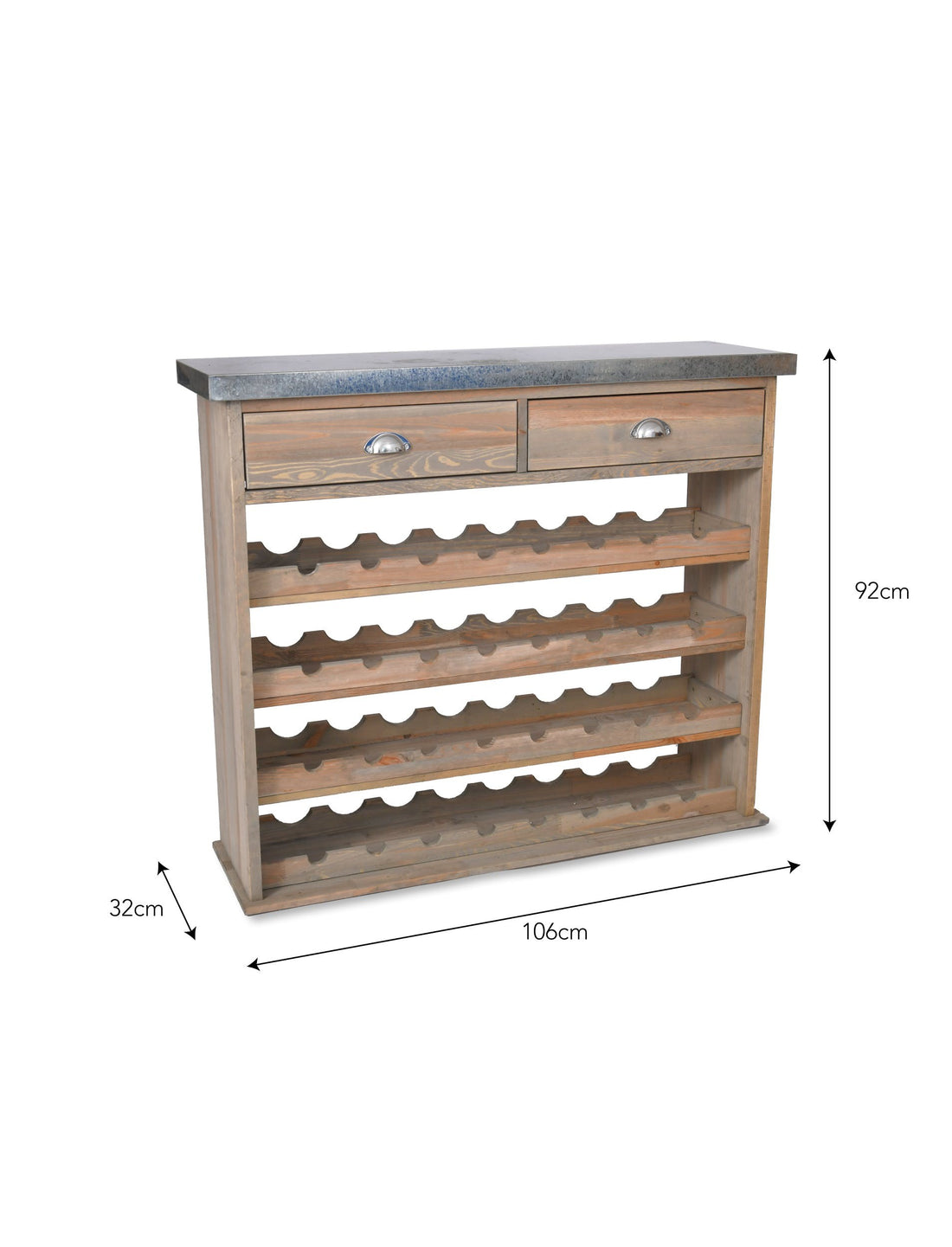 Size of the wine storage cabinet which has drawers and steel top