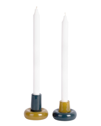 Legion Blue &amp; Olive Green Disc Glass Candle Holder Set of 2