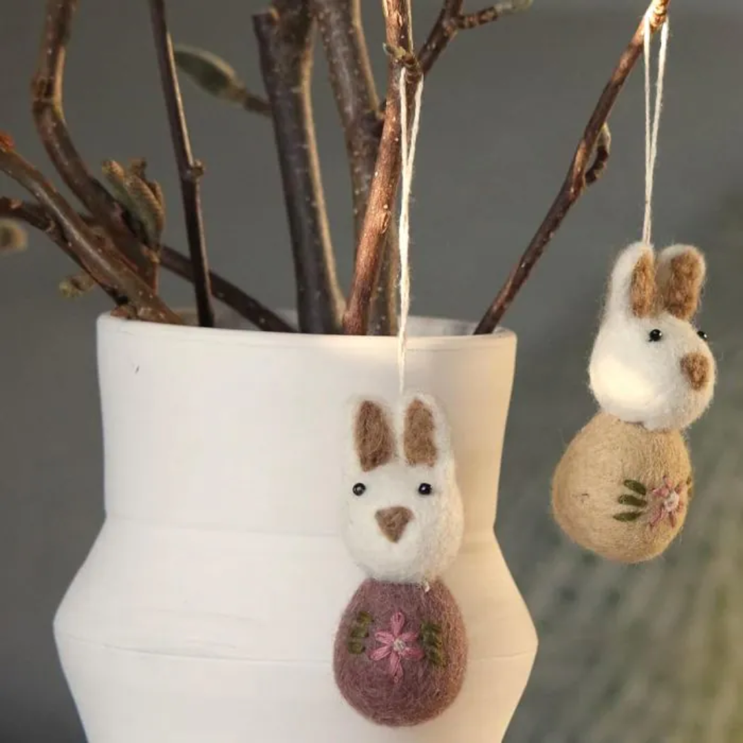 Hanging Felt White Bunny with Plum Flower Embroidery Set of 2