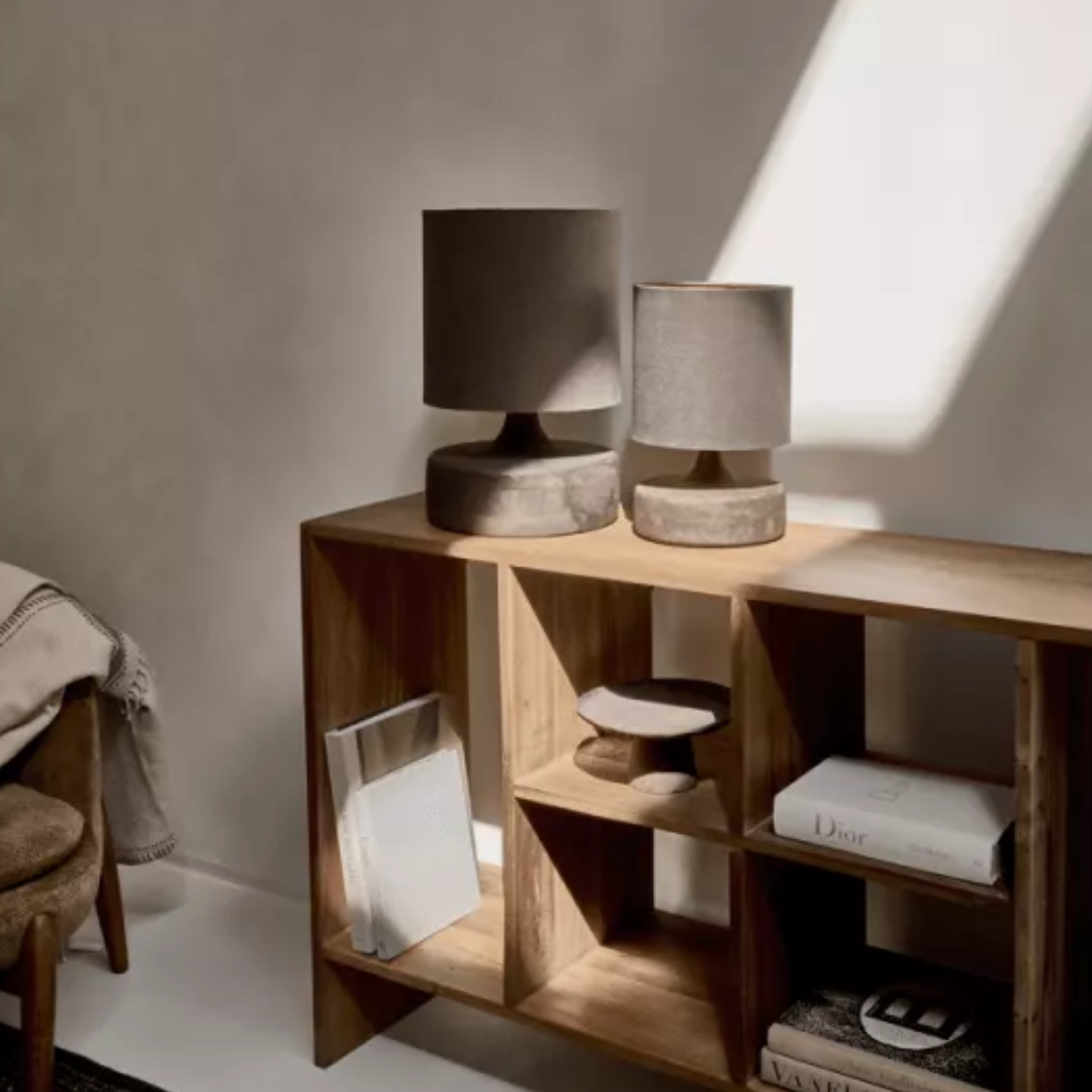 Mango Wood Table Lamp with Dark Linen Shade in 2 Sizes