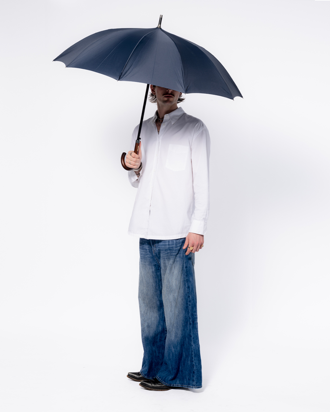 Navy Blue Umbrella with Wood Handle