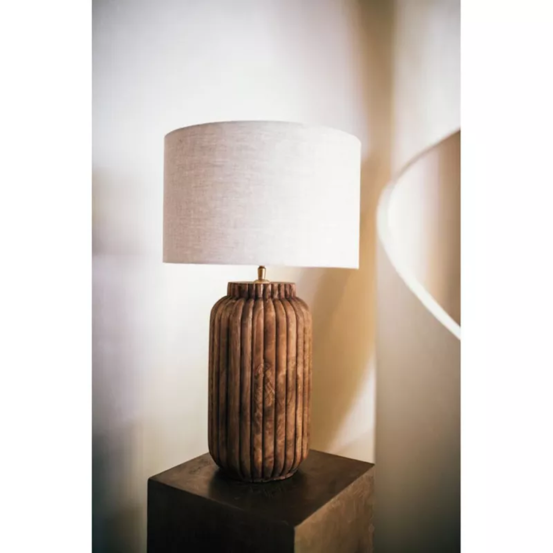 Mango Wood Table Lamp with Light Linen Shade in 2 Sizes