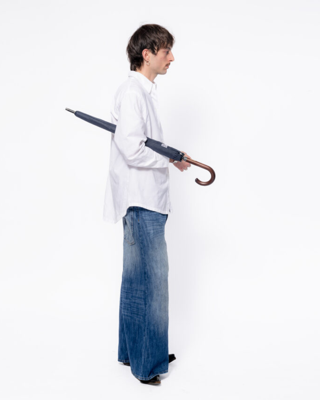 Navy Blue Umbrella with Wood Handle