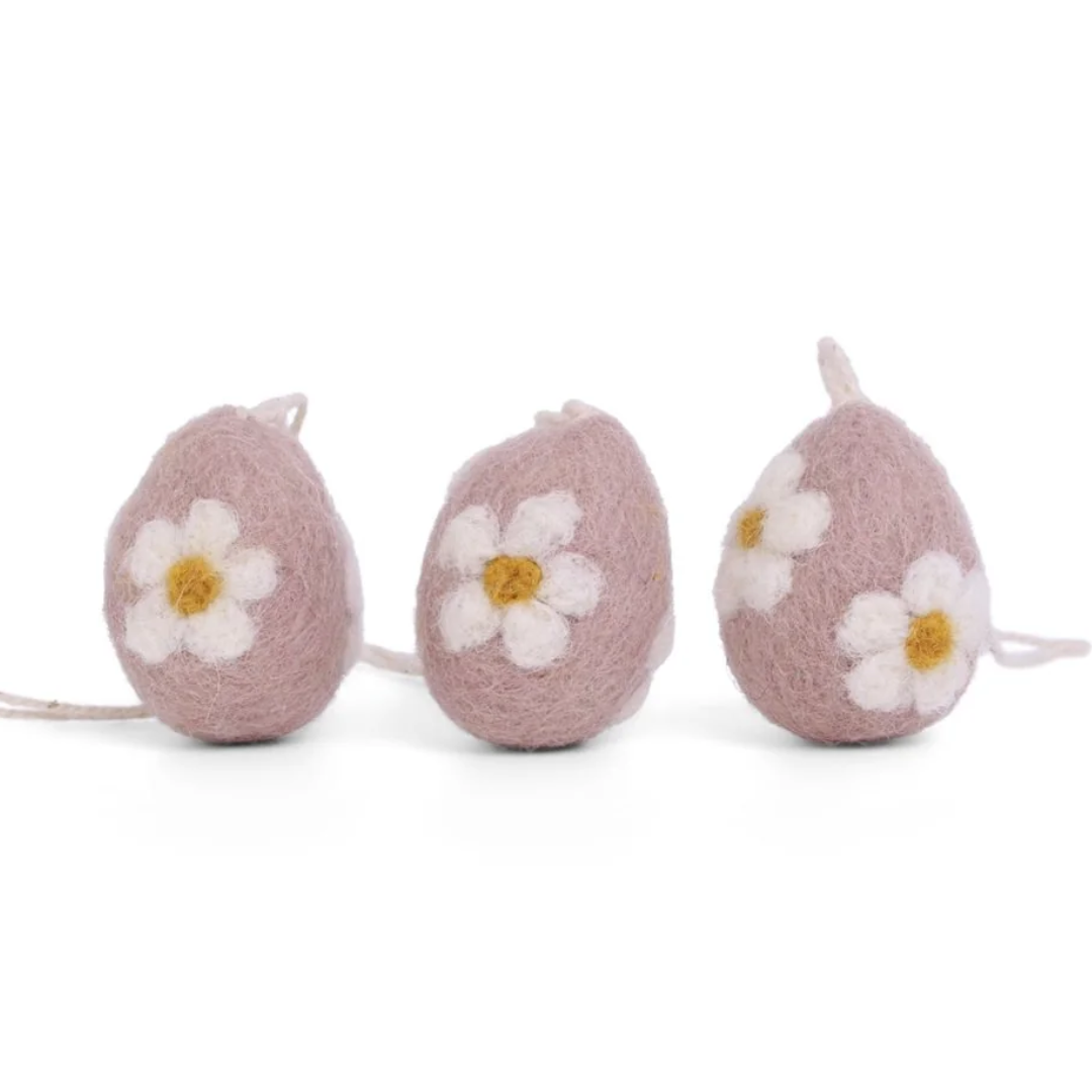 Hanging Felt Eggs with Flowers Set of 3 in 3 Colours