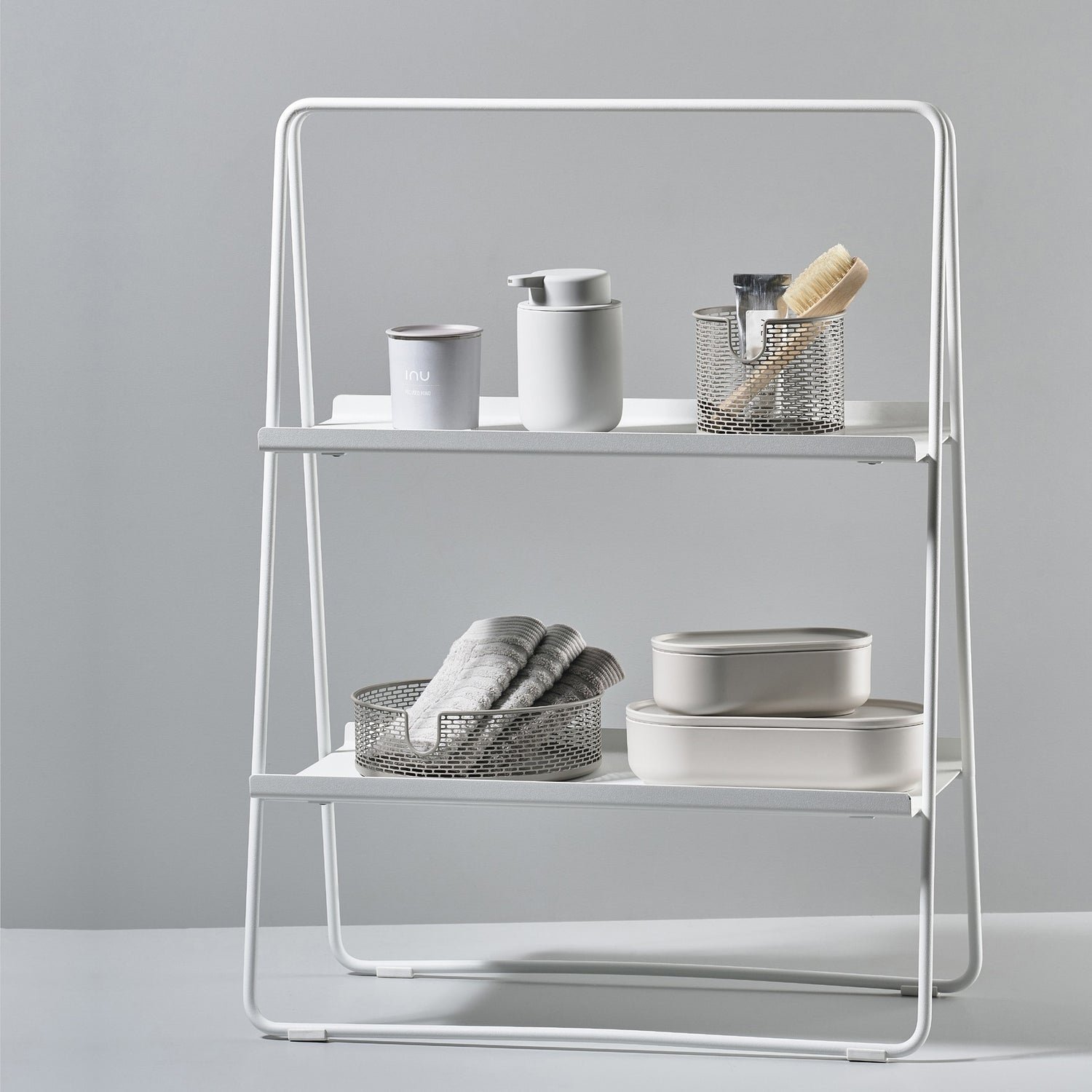 tall white shelf unit for countertop storage