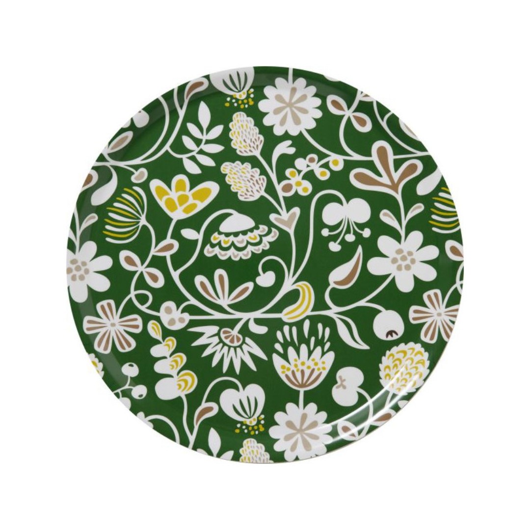 Round Green Tray with Floral Design