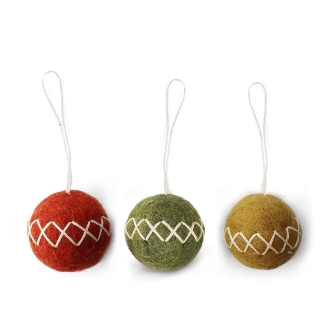 Hanging Felt Ball Ornaments Clay with Embroidery Set of 3
